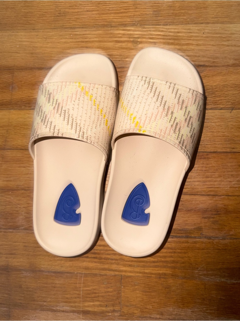 Burberry Beige Patterned Band Slide Sandals with Blue Accents